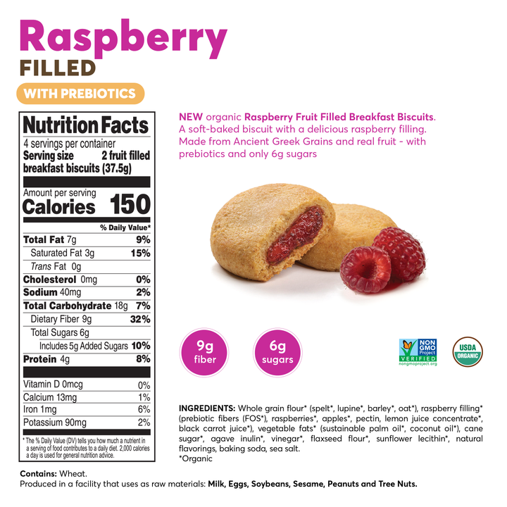 Nutritional information and ingredients list of Olyra Raspberry Filled Breakfast Biscuits