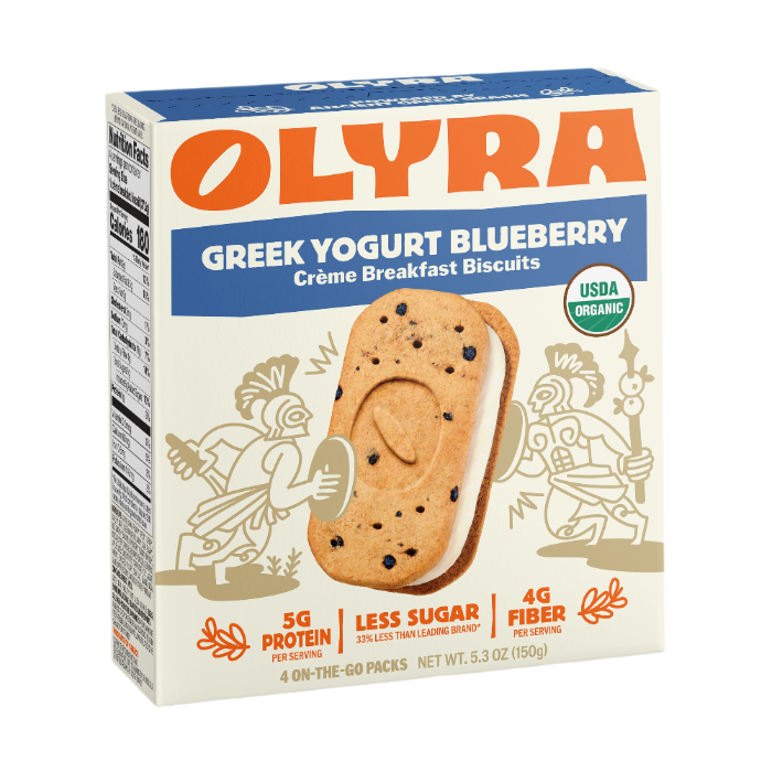 Box of Olyra Greek Yogurt Blueberry Cèreme Breakfast Biscuits on a white background