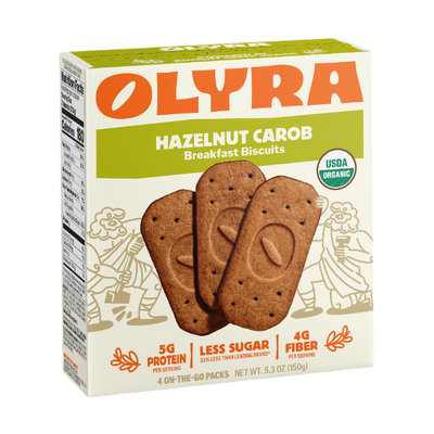 Box of Olyra Hazelnut Carob Breakfast Biscuits on a white background