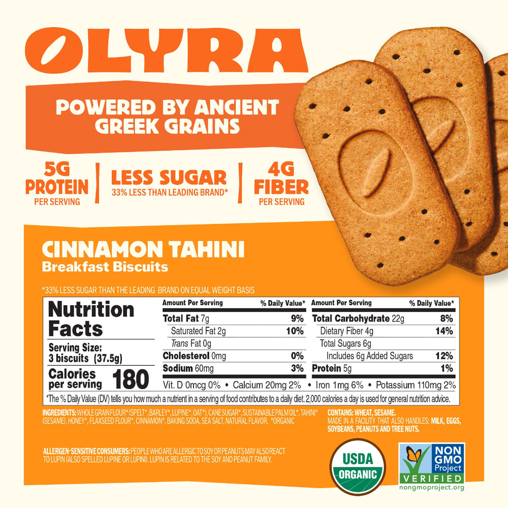 Olyra cinnamon tahini breakfast biscuits packaging with nutritional information and branding details.