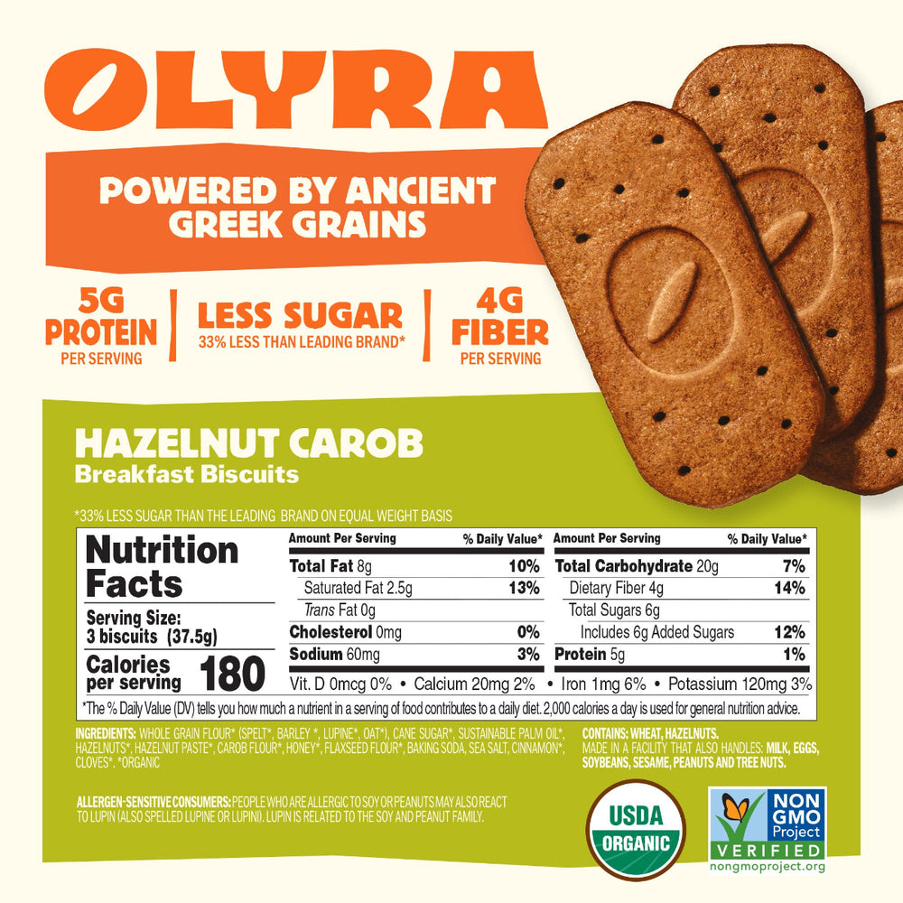 Olyra Hazelnut Carob Breakfast Biscuits packaging with nutritional information and branding details.