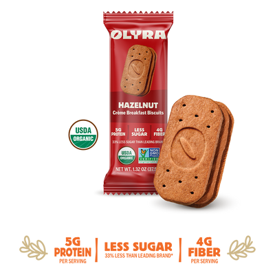 Olyra hazelnut Creme sandwich with packaging and details