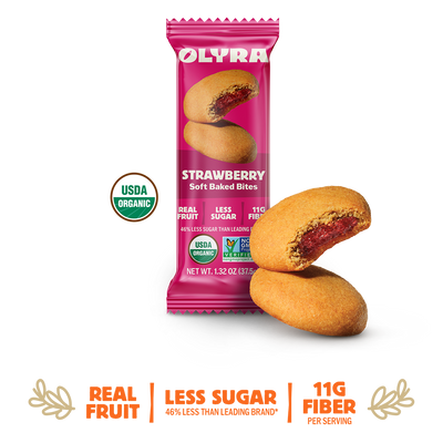Olyra strawberry soft baked bites packaging with two bites on a white background