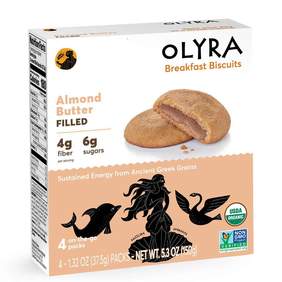 The main box of the Olyra Almond Butter Cream Filled Breakfast Biscuits