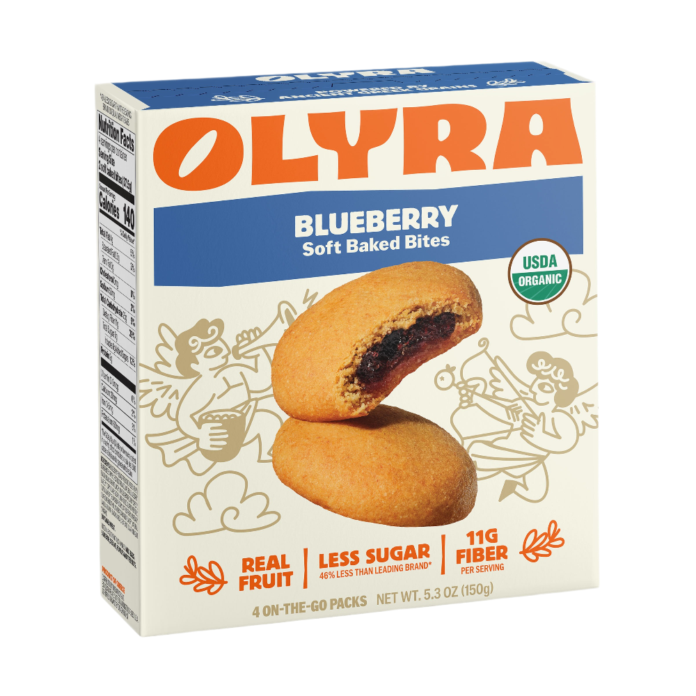 Box of Olyra Blueberry Soft Baked Bites on a white background