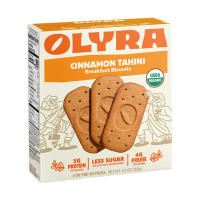 Box of Olyra Cinnamon Tahini Breakfast Biscuits on a white background