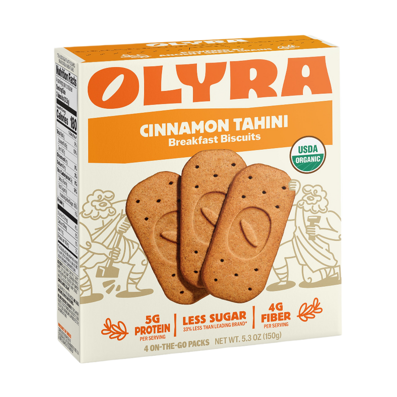Box of Olyra Cinnamon Tahini Breakfast Biscuits on a white background