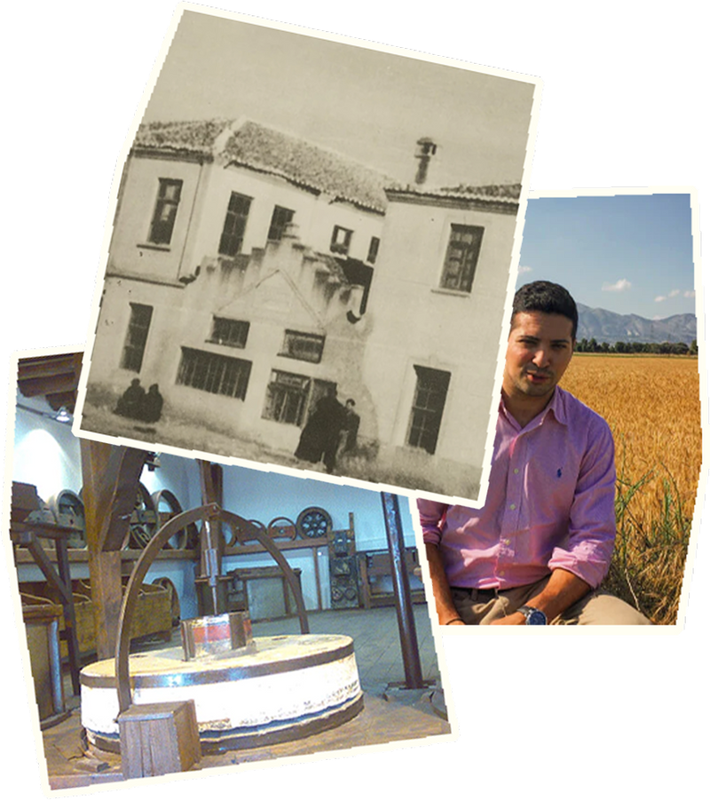 Collage of our stone mill in Greece, the stone mill itself, and our founder and CEO, Yannis.