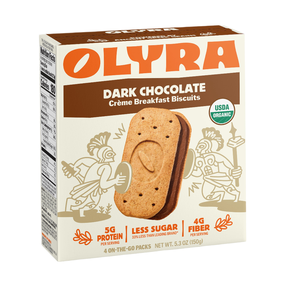 Box of Olyra Dark Chocolate Cèreme Breakfast Biscuits on a white background