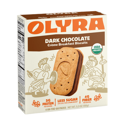 Box of Olyra Dark Chocolate Cèreme Breakfast Biscuits on a white background