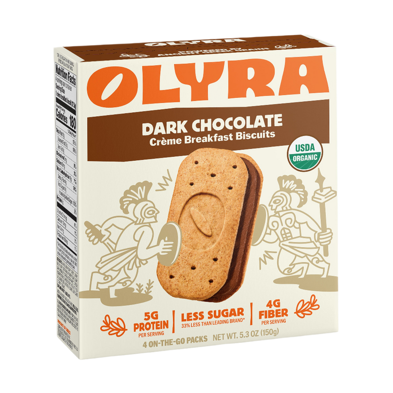 Box of Olyra Dark Chocolate Cèreme Breakfast Biscuits on a white background