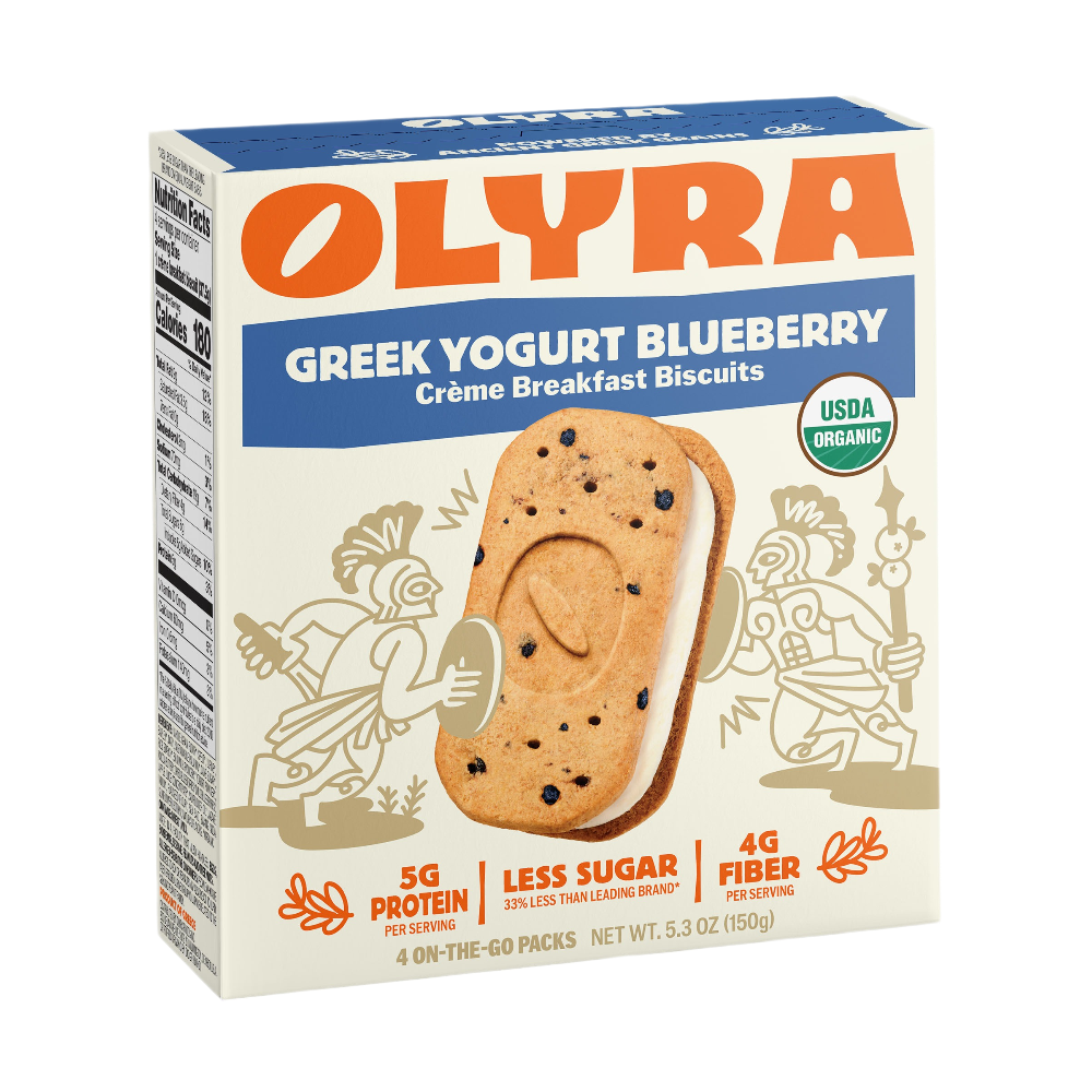 Box of Olyra Greek Yogurt Blueberry Cèreme Breakfast Biscuits on a white background