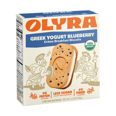 Box of Olyra Greek Yogurt Blueberry Cèreme Breakfast Biscuits on a white background