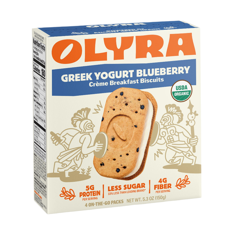 Box of Olyra Greek Yogurt Blueberry Cèreme Breakfast Biscuits on a white background