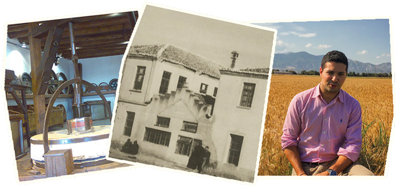 Collage of three images: a traditional stone mill, an old black and white photo of the stone mill building, and the founder and CEO of Olyra.