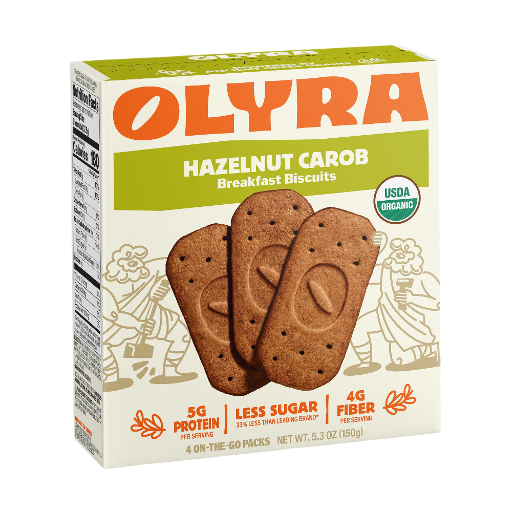 Box of Olyra Hazelnut Carob Breakfast Biscuits on a white background