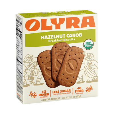 Box of Olyra Hazelnut Carob Breakfast Biscuits on a white background