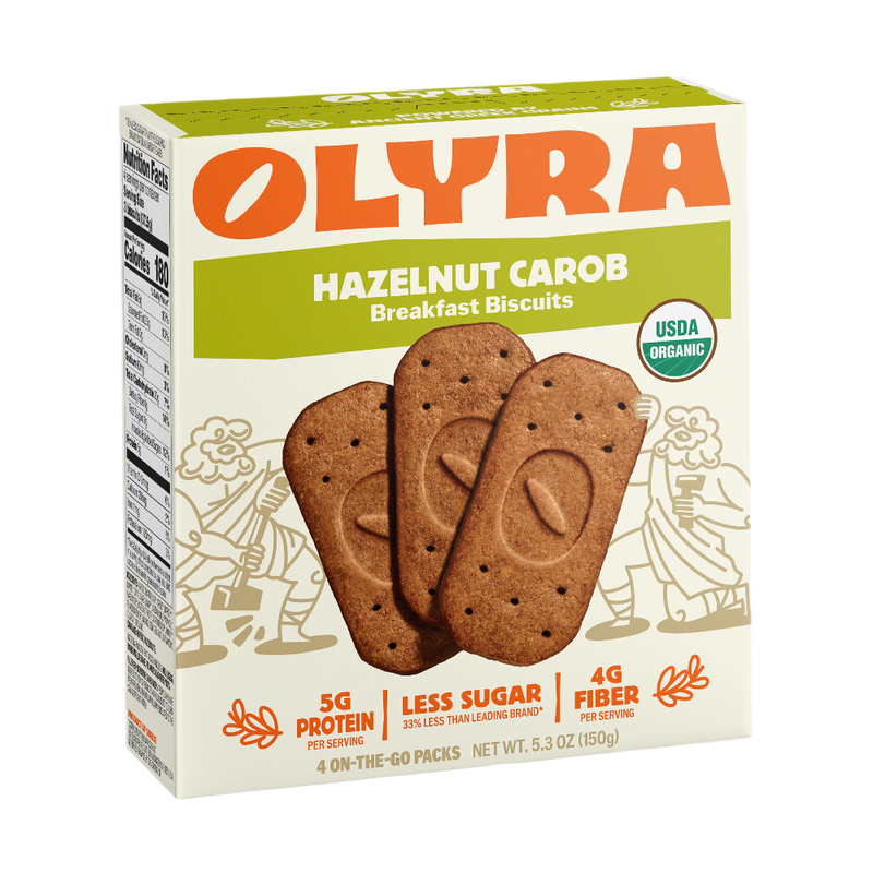 Box of Olyra Hazelnut Carob Breakfast Biscuits on a white background