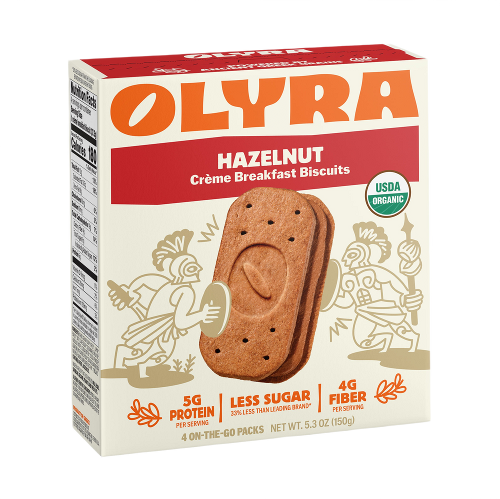 Box of Olyra Hazelnut Crème Breakfast Biscuits with nutritional information on a white background