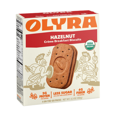 Box of Olyra Hazelnut Crème Breakfast Biscuits with nutritional information on a white background