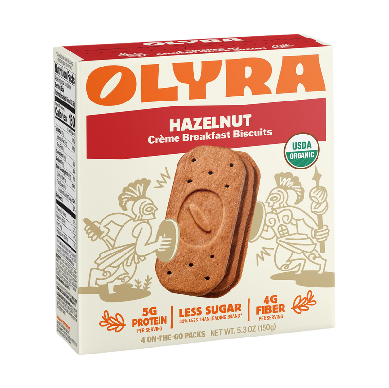 Box of Olyra Hazelnut Crème Breakfast Biscuits with nutritional information on a white background