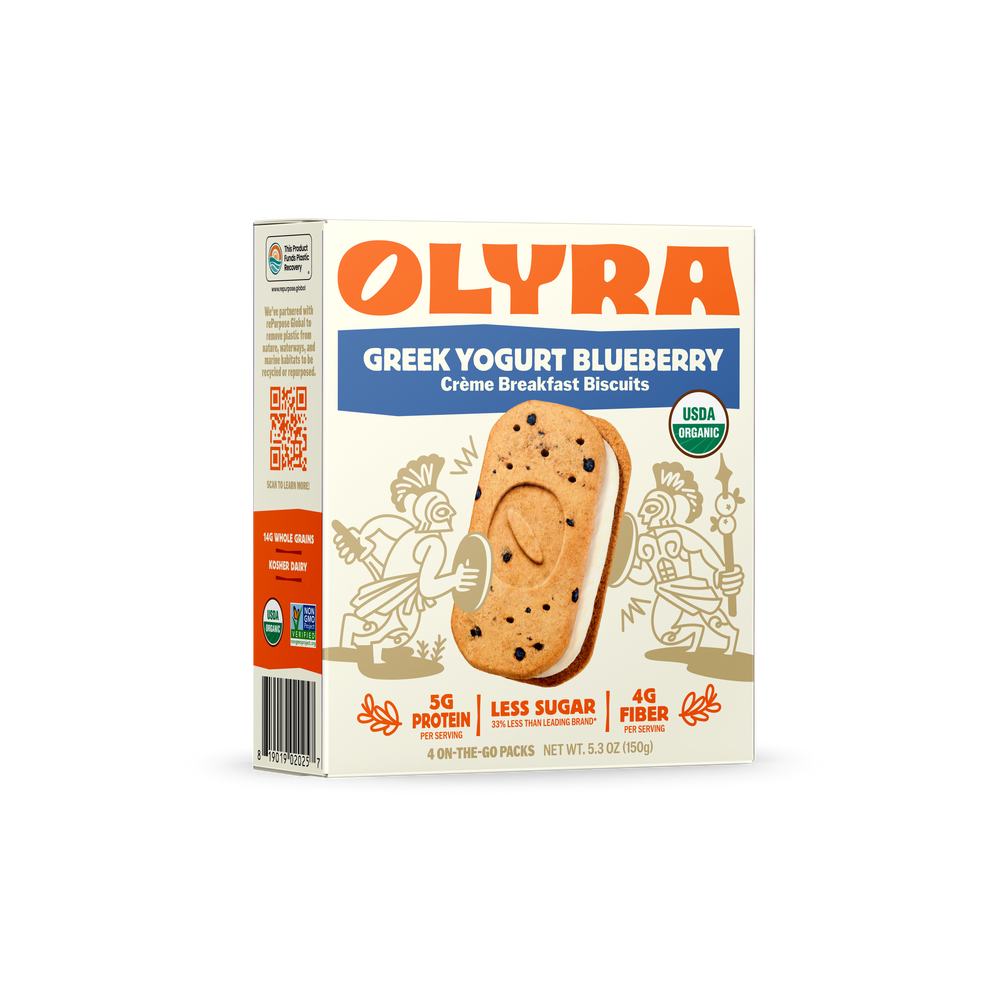 A Box of Olyra Greek Yogury Blueberry Creme Breakfast Biscuits