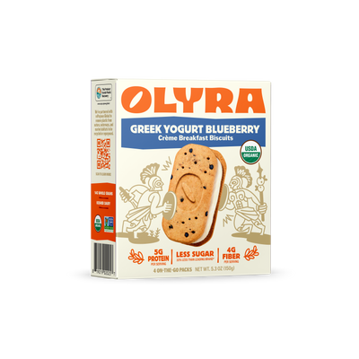 A Box of Olyra Greek Yogury Blueberry Creme Breakfast Biscuits
