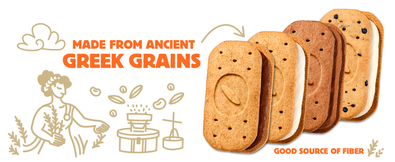 a Highlight image of our Sandwich Creme Biscuits with the text 'made from ancient greek grains'.