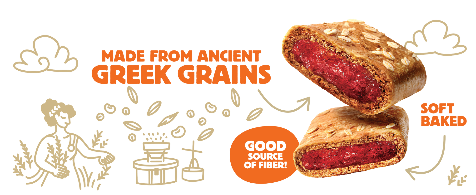 A closeup of Fruit & Grain Bars with text about ancient Greek grains and fiber content.