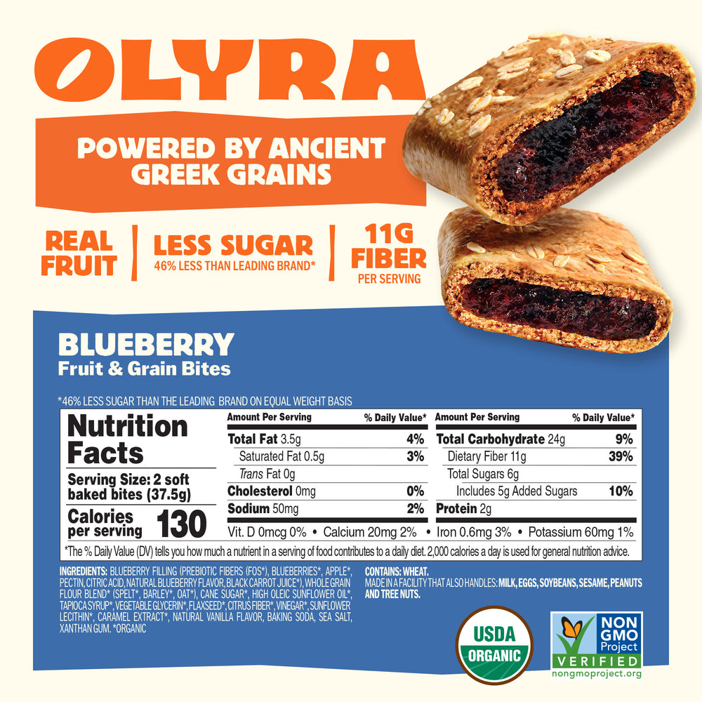 Olyra blueberry fruit and grain bites packaging with nutritional information.
