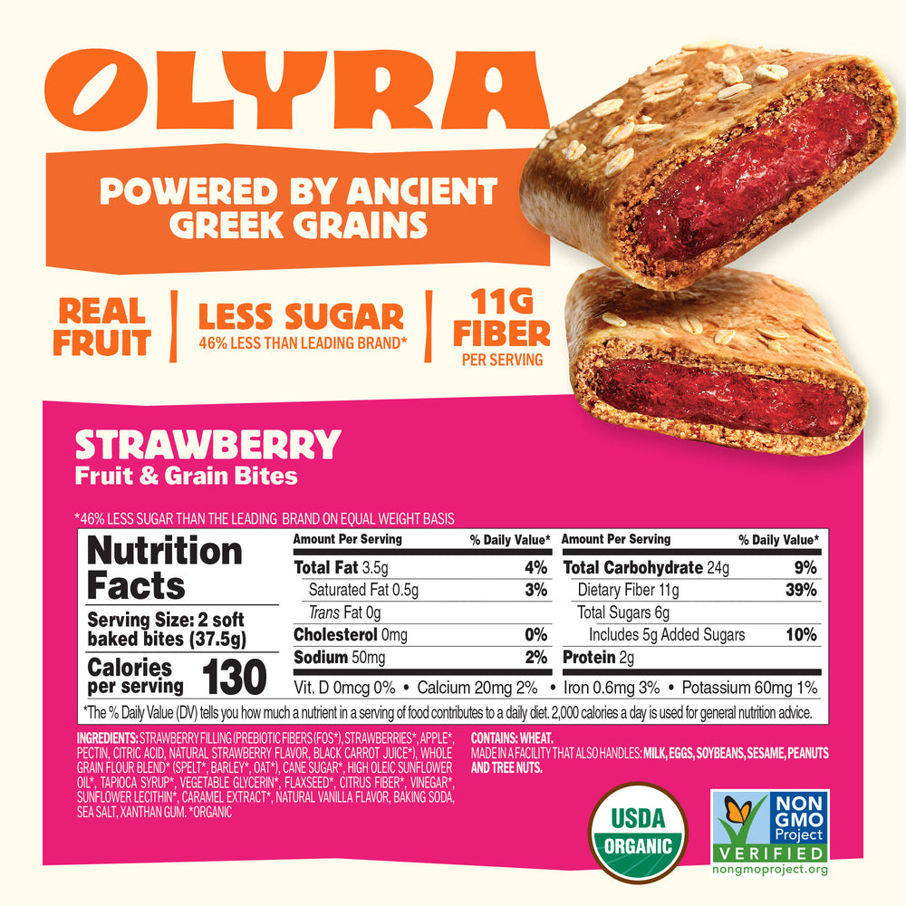 Olyra strawberry fruit and grain bites packaging with nutritional information and branding details.