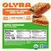 Olyra Apple Cinnamon fruit and grain bites packaging with nutritional information.