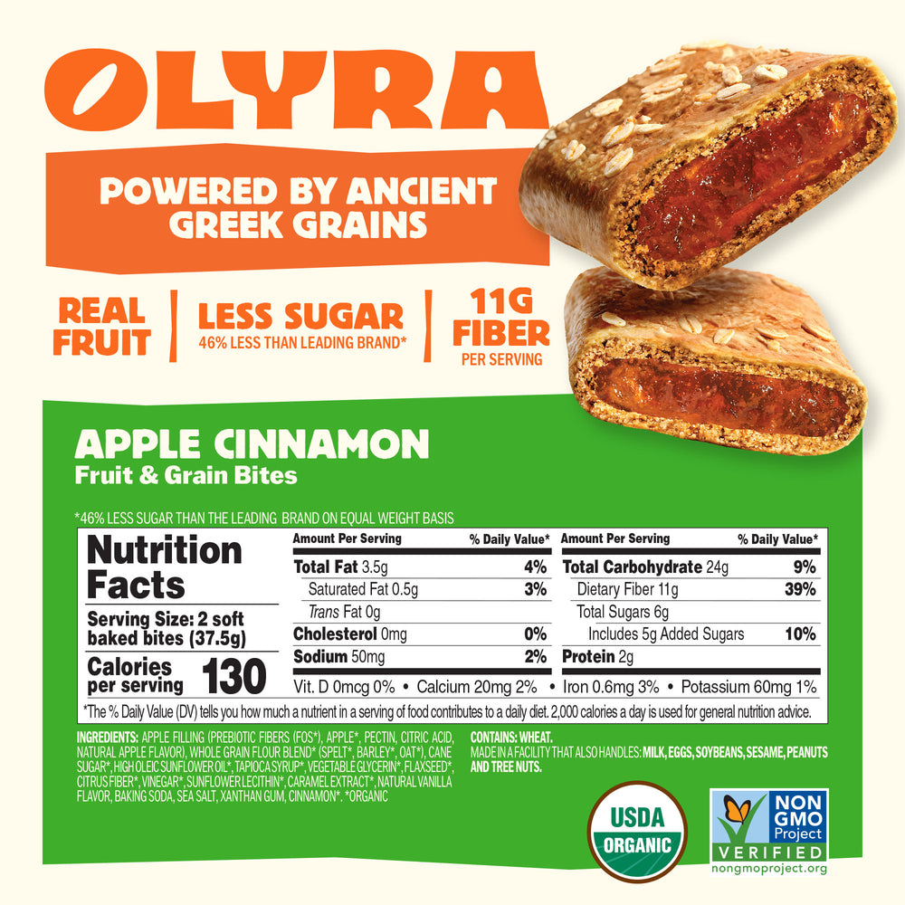 Olyra Apple Cinnamon fruit and grain bites packaging with nutritional information.