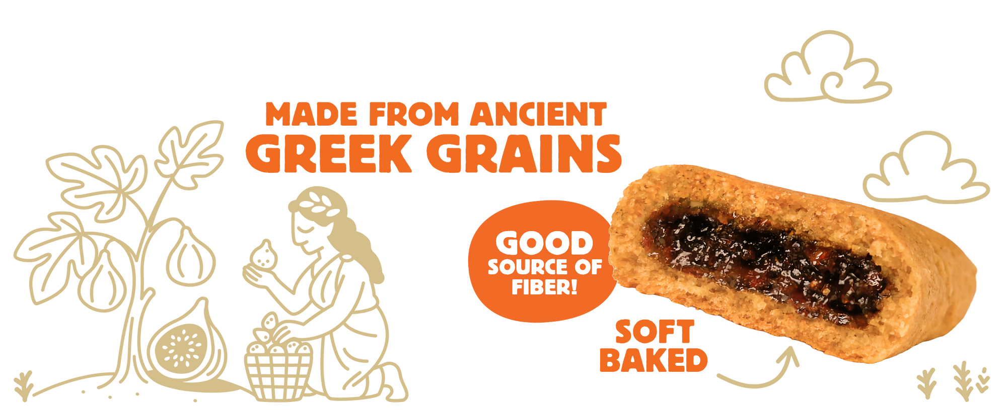 A closeup of Olyra Fig Bars with illustrations showing a fig tree and the text made from ancient grains.