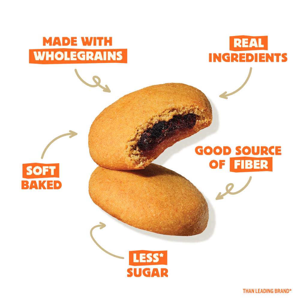 Two blueberry bites with health benefits text on a white background