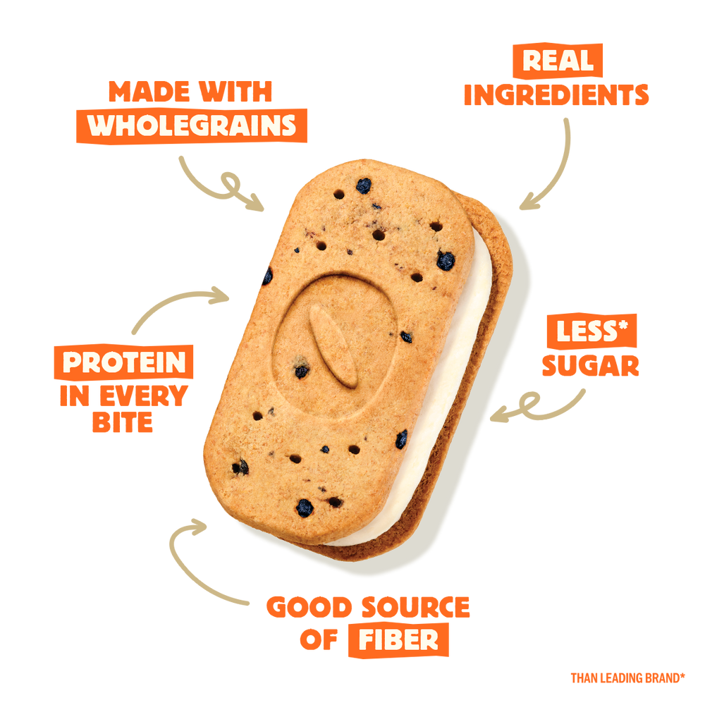 Greek Yogurt Blueberry Biscuit sandwich with health benefits text on a white background