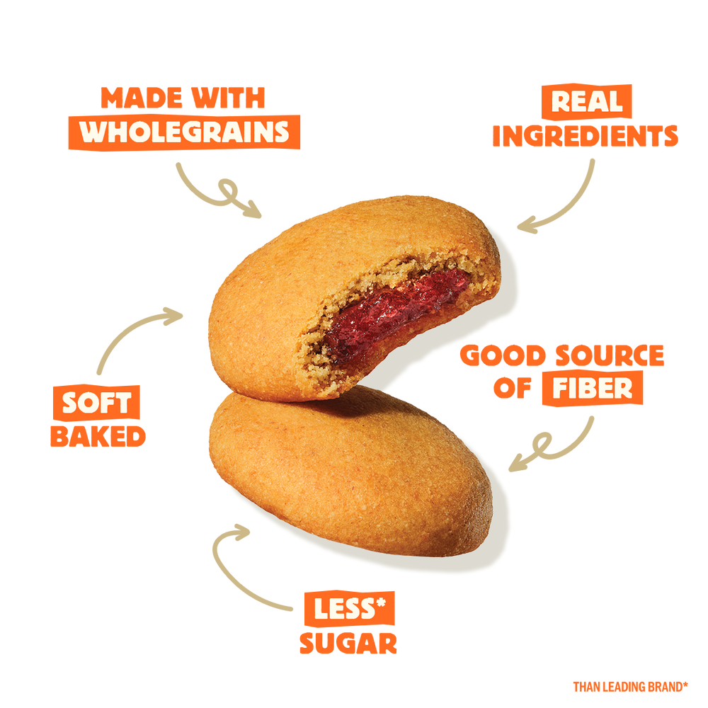 Two soft-baked pastries with text highlighting health benefits on a white background