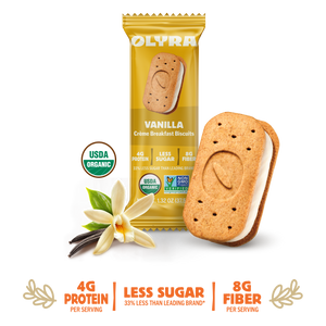 Olyra Vanilla Creme Breakfast Bisuits main image with the biscuit and vanilla visible along with the packaging.