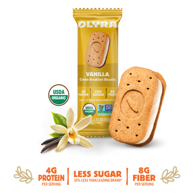 Olyra Vanilla Creme Breakfast Bisuits main image with the biscuit and vanilla visible along with the packaging.