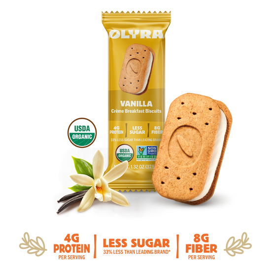 Olyra Vanilla Creme Breakfast Bisuits main image with the biscuit and vanilla visible along with the packaging.