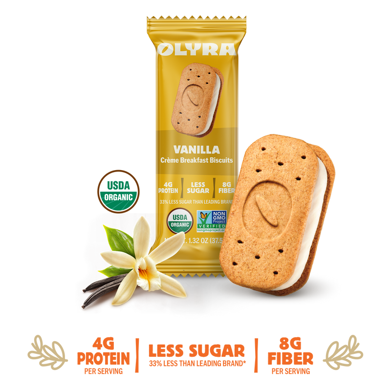 Olyra Vanilla Creme Breakfast Bisuits main image with the biscuit and vanilla visible along with the packaging.