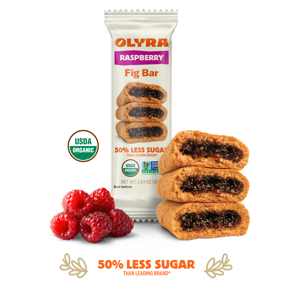 Olyra Raspberry Fig Bar packaging with fig bar, raspberries, and nutritional information on a white background