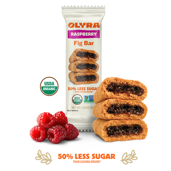 Olyra Raspberry Fig Bar packaging with fig bar, raspberries, and nutritional information on a white background