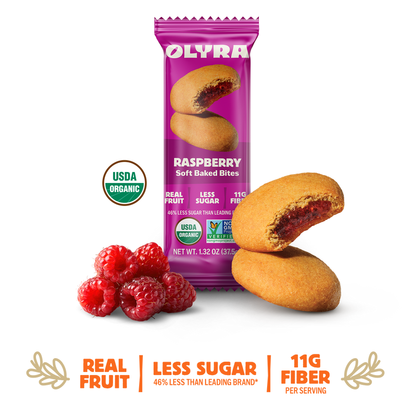Olyra raspberry soft baked bites packaging with cookies and raspberries on a white background