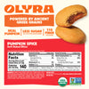 Olyra pumpkin spice soft baked bites packaging with nutrition facts and ingredients listed.
