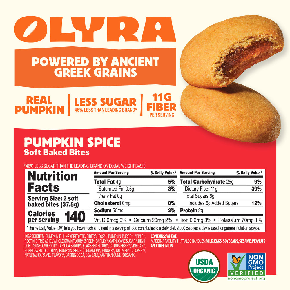 Olyra pumpkin spice soft baked bites packaging with nutrition facts and ingredients listed.