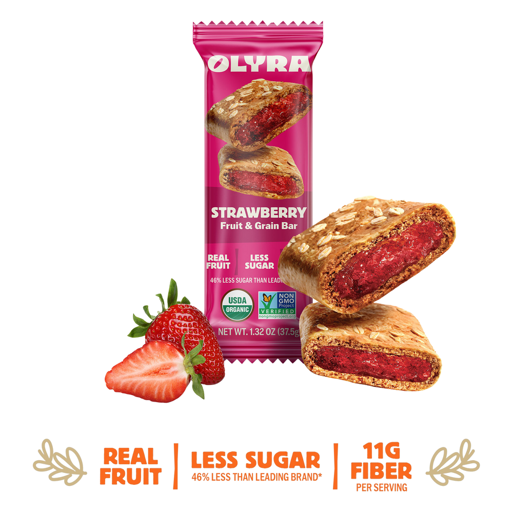 Olyra strawberry fruit and grain bar packaging with a white background