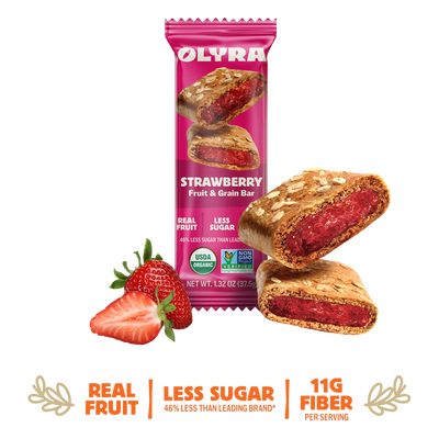 Olyra strawberry fruit and grain bar packaging with a white background