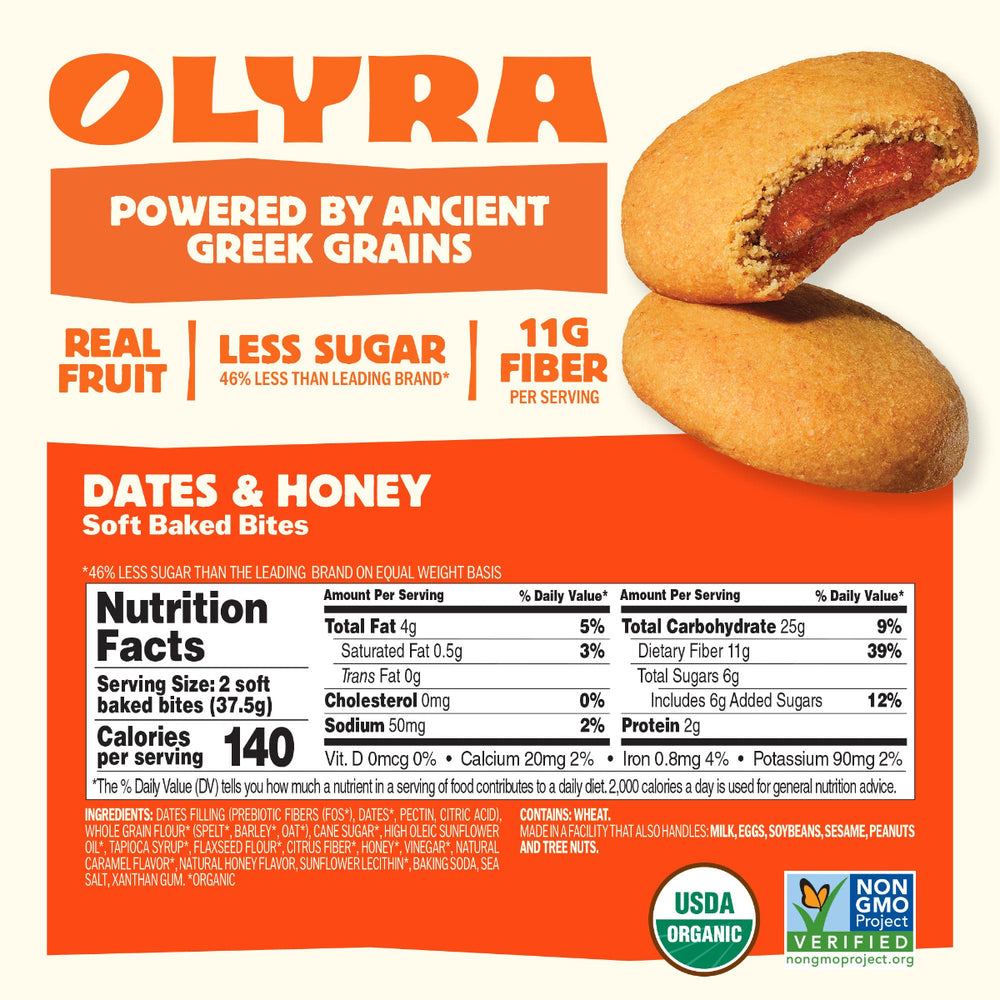 Olyra Dates & Honey soft baked bites packaging with nutritional information and ingredients.