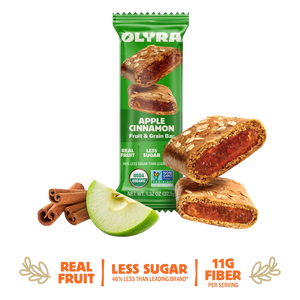 Olyra Apple Cinnamon fruit and grain bar packaging with nutrition claims